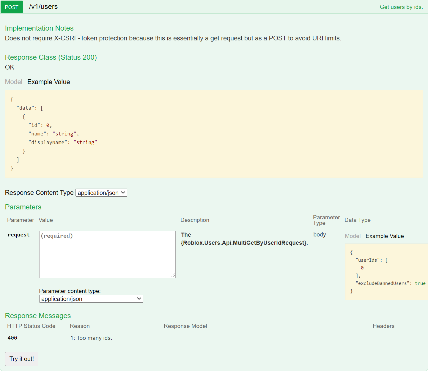 A screenshot of documentation for POST /v1/users