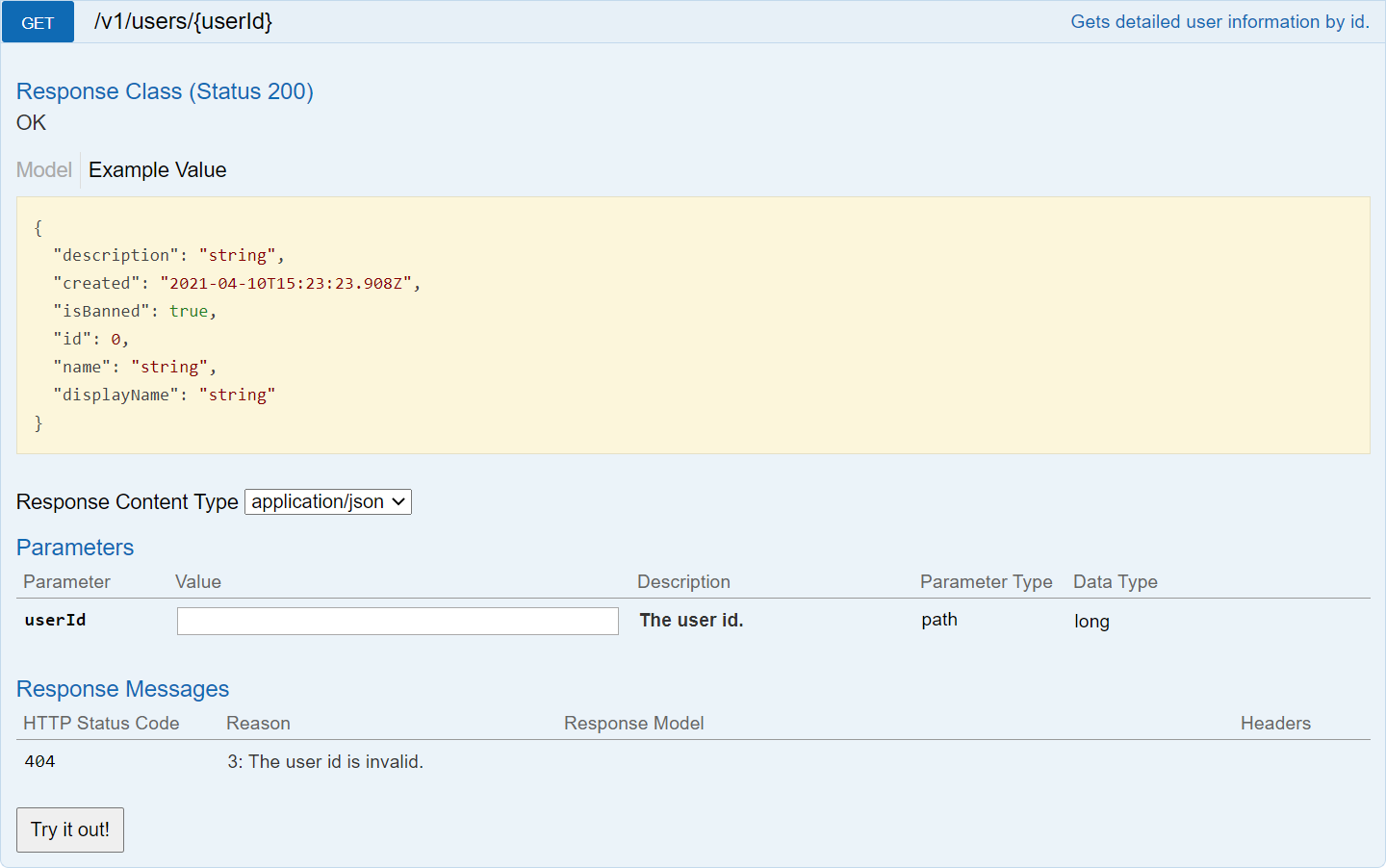 A screenshot of documentation for GET /v1/users/{userId}